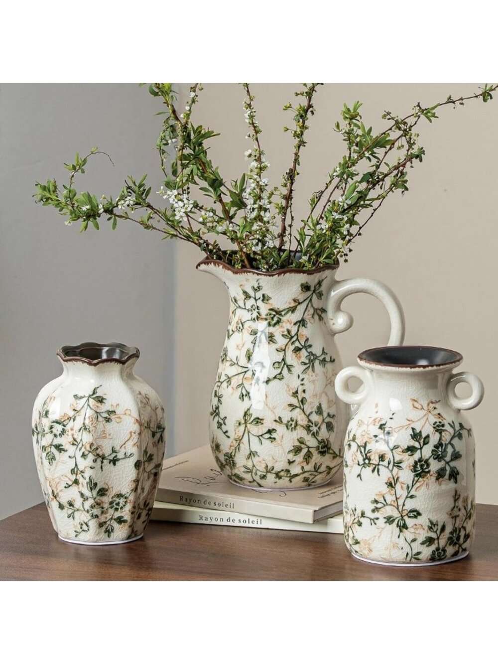Vintage Green Ceramic Flower Vase Set for Home Decor, 6-7 Inch Decorative Vases